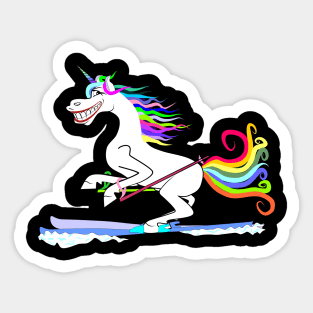 Unicorn funny skiing through the snow with colorful mane and tail Sticker